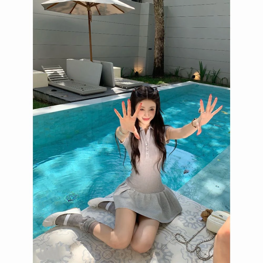 美式复古拼接Polo领连衣裙修身显瘦短袖蓬蓬短裙女春夏
