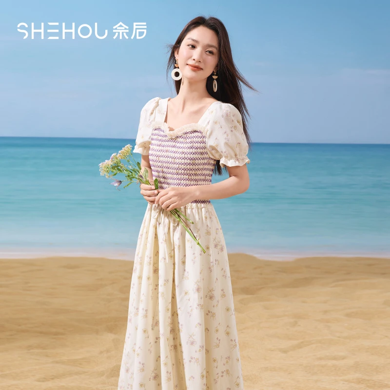 【品牌折扣】佘后浪漫风约会邂逅碎花泡泡袖收腰长裙