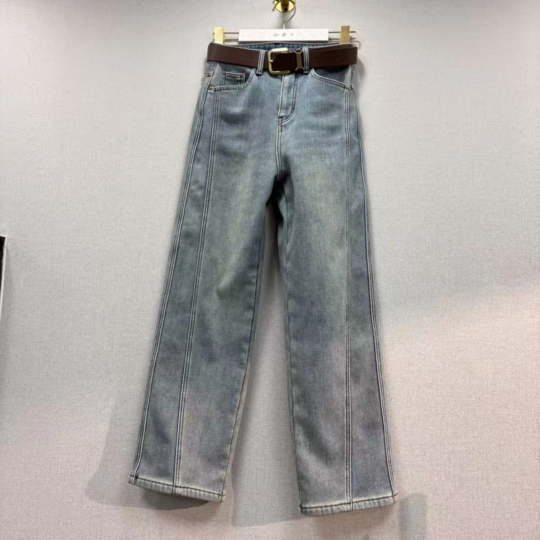 9930秋冬季加绒牛仔裤慵懒风中腰直筒裤秋冬季女中腰加绒水洗韩版