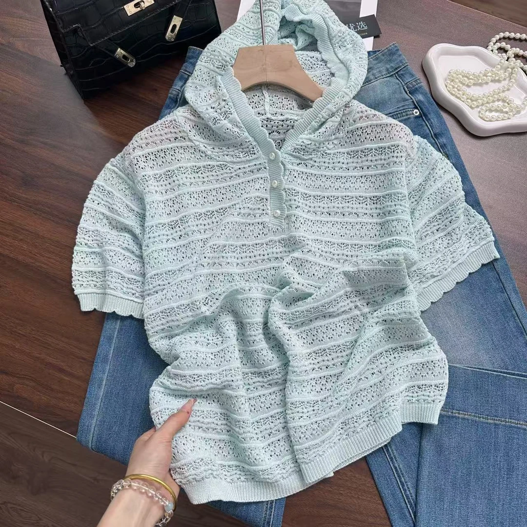 蕾丝镂空连帽款~条纹设计好显气质！正肩清爽针织衫Y7104