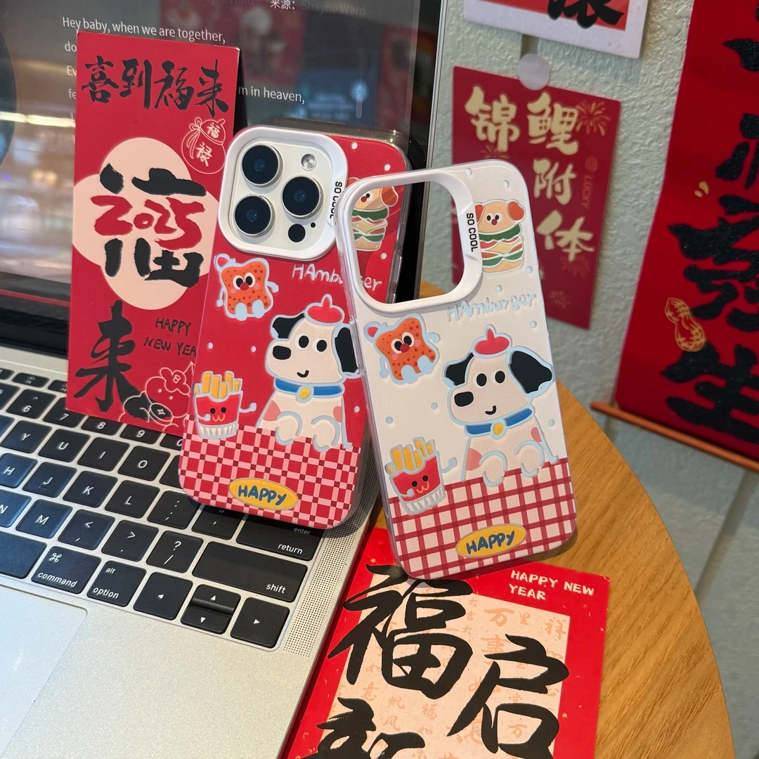 ZMGX卡通汉堡小狗磨砂彩银适用苹果16pro手机壳华为oppo小米/vivo