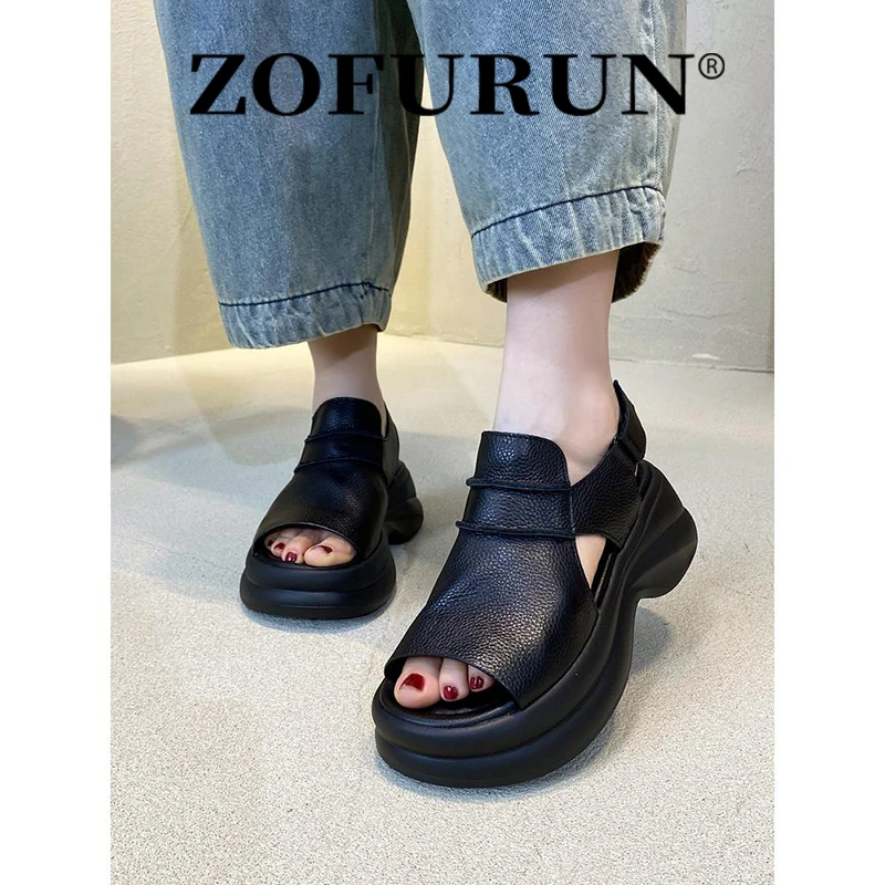 ZOFURUN厚底鱼嘴凉鞋女夏季真皮百搭休闲外穿露趾小个子罗马凉鞋