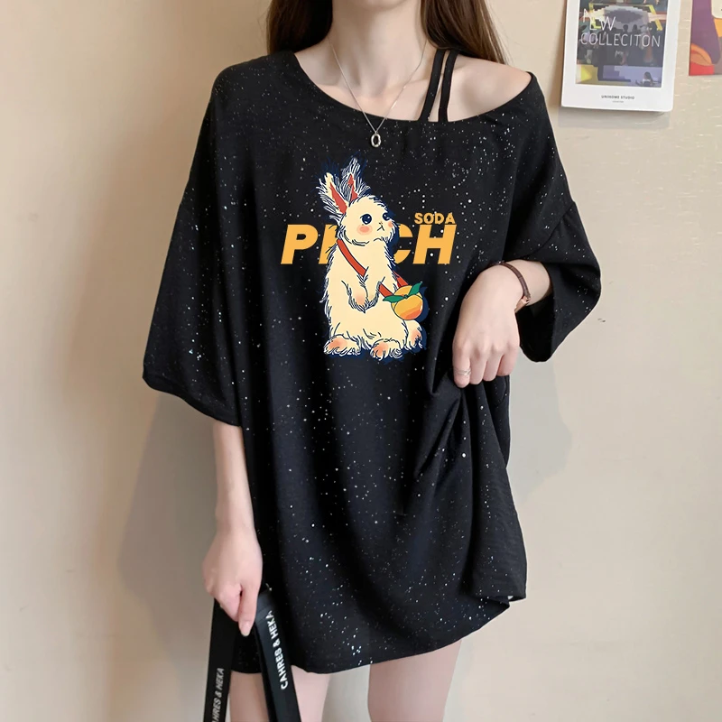 夏季宽松百搭短袖T恤女韩版时尚卡通减龄设计感亮闪闪半袖上衣ins