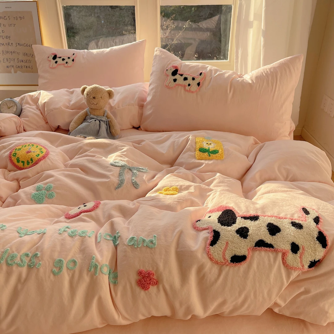 Heart Island【奶牛布丁】ins可爱小狗毛巾绣纯色超柔软四件套宿舍