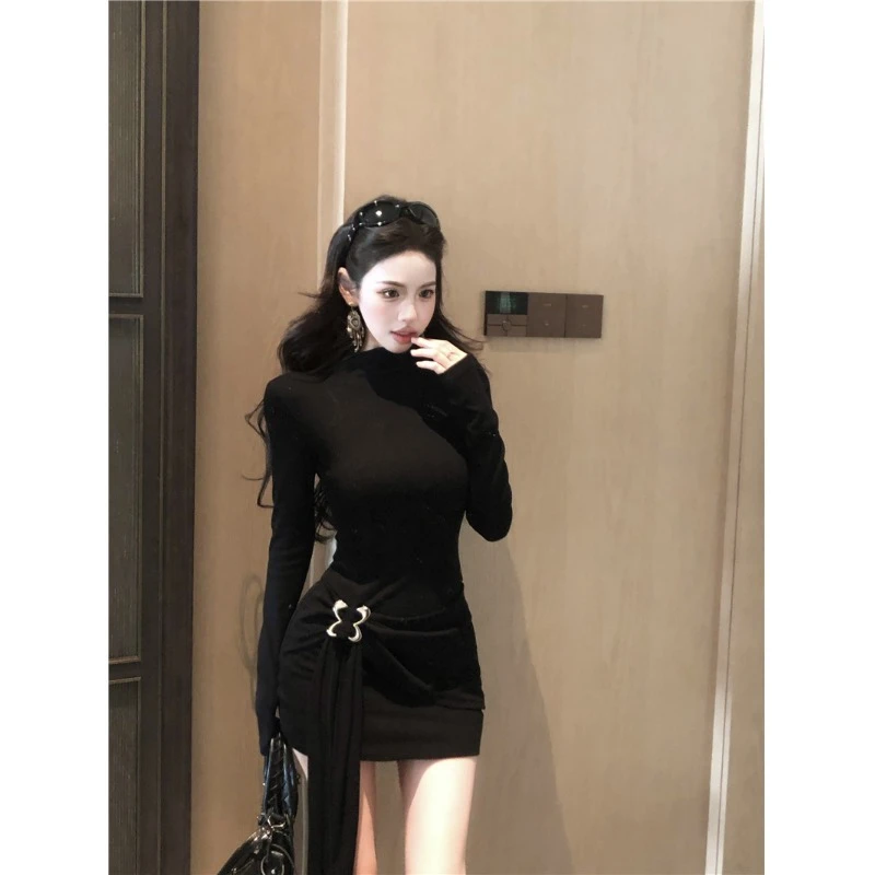 法式纯欲黑色半高领长袖连衣裙女春秋冬高级性感御姐修身包臀短裙