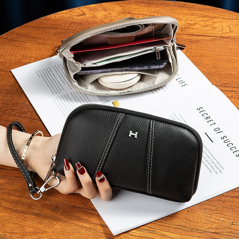 简约轻便真皮手拿包放手机钥匙纯牛皮大容量零钱包散步买菜手拎包