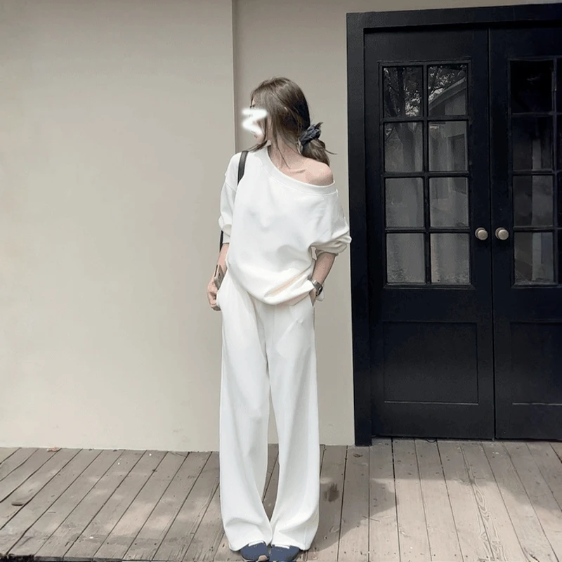 韩版松弛感休闲卫衣套装女早秋宽松时髦减龄漏肩上衣阔腿裤两件套