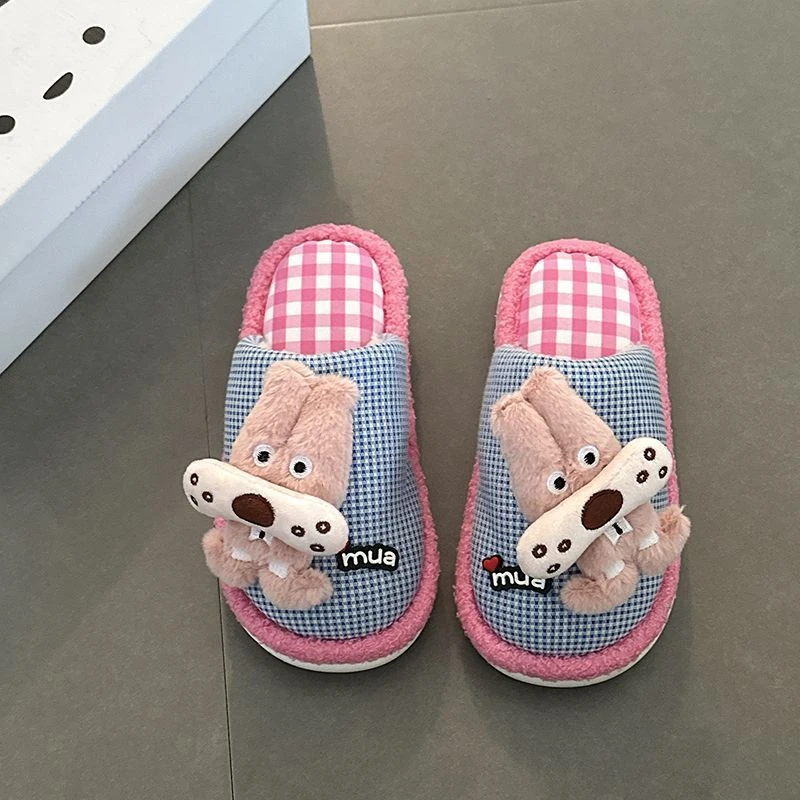 可爱卡通搞怪格子包头拖鞋女款2025秋冬新款布偶外穿居家棉拖鞋