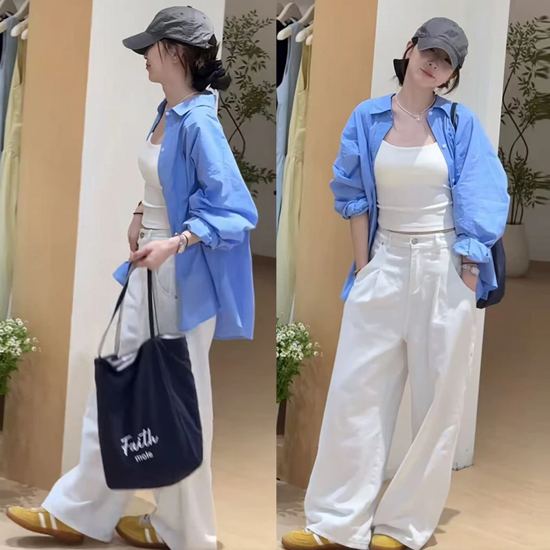2025新款甜美青春时尚套装女洋气宽松休闲简约防晒衬衫裤子两件套