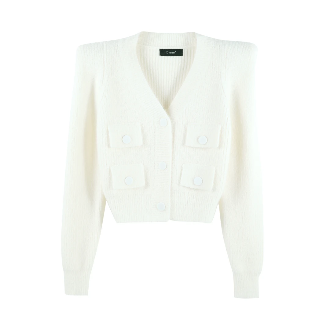 小香风多色垫肩V领多口袋针织短开衫HBZXW918283