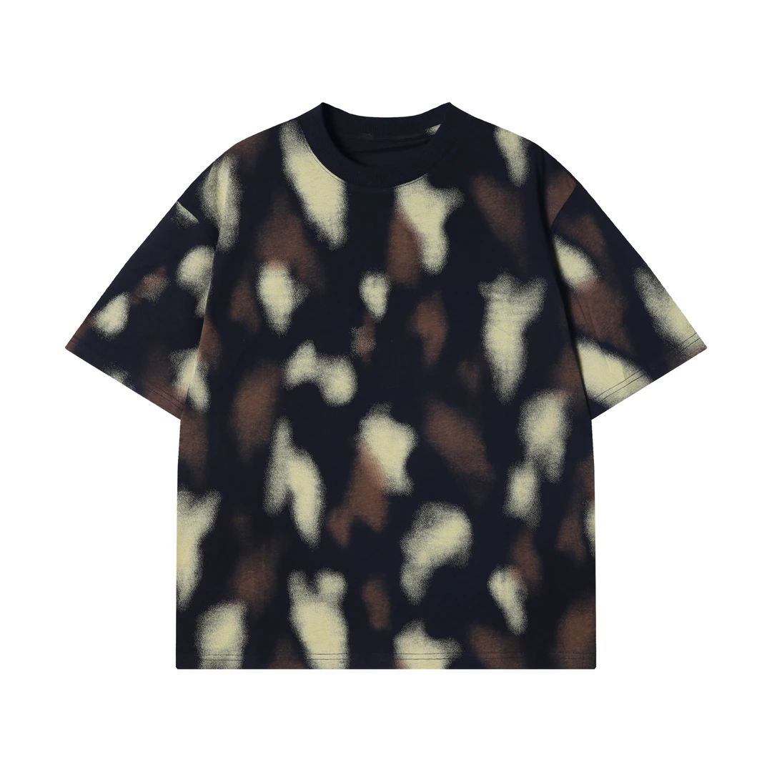 夏季高级感新款潮牌撞色晕染圆领短袖T恤百搭宽松情侣高街上衣