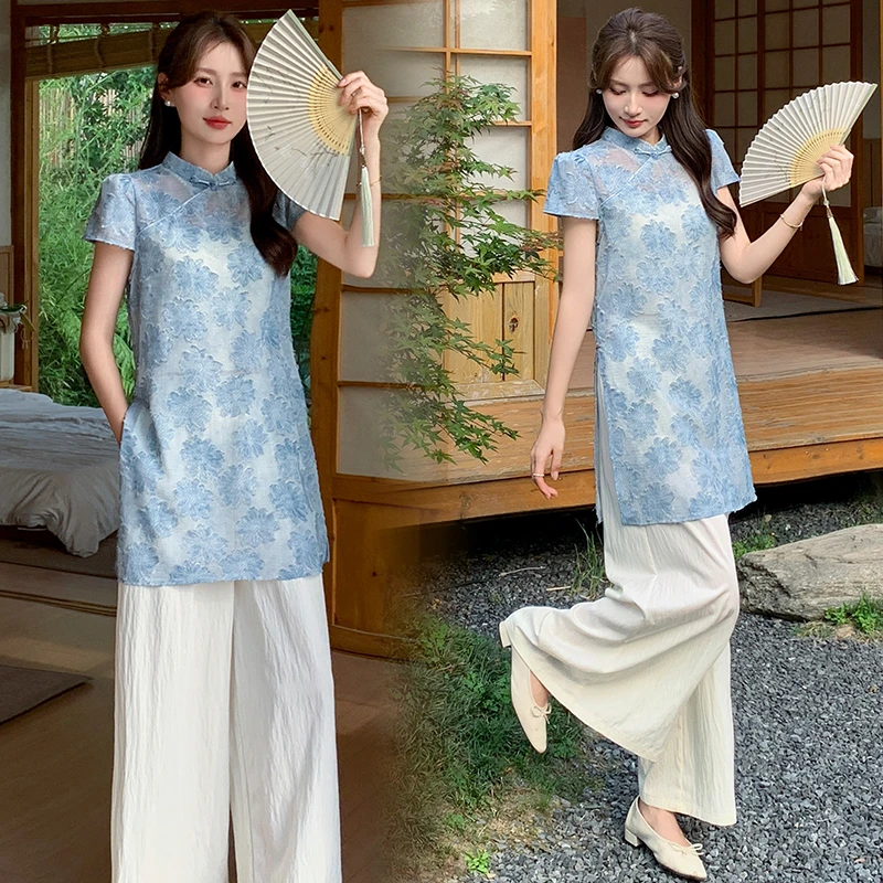 新中式国风套装女欧货2025年夏季新款时尚提花上衣阔腿裤两件套潮