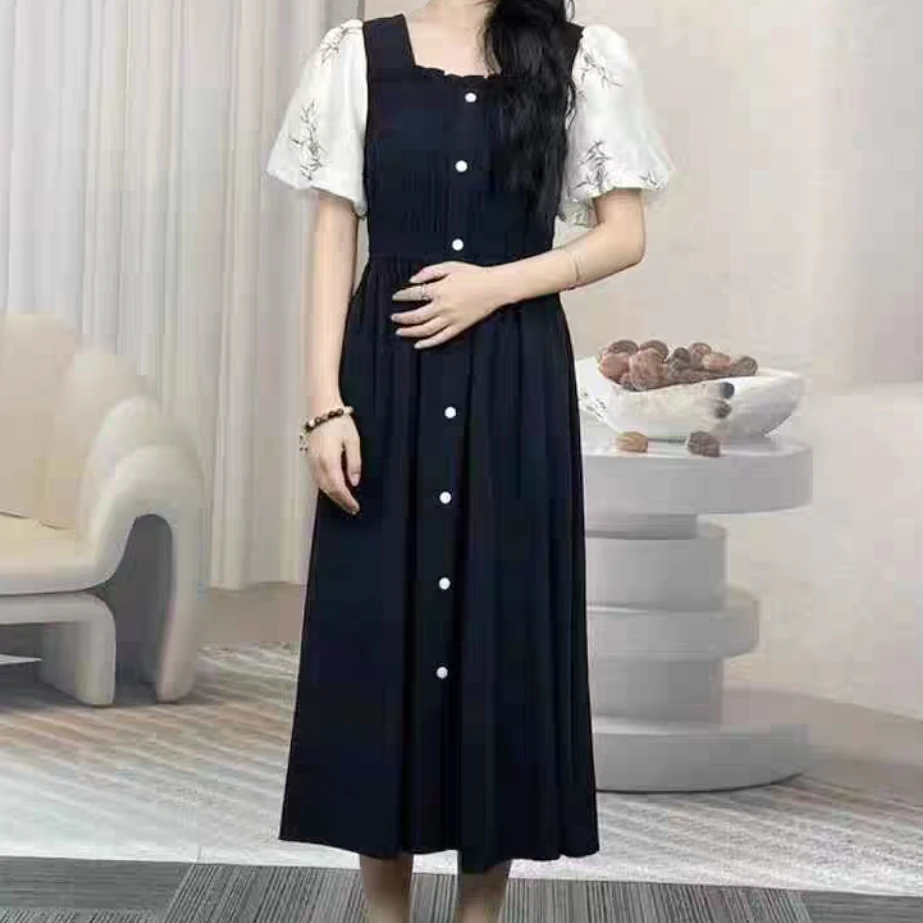 56190新款水墨印花泡泡袖松紧腰单排扣装饰假两件中长款连衣裙