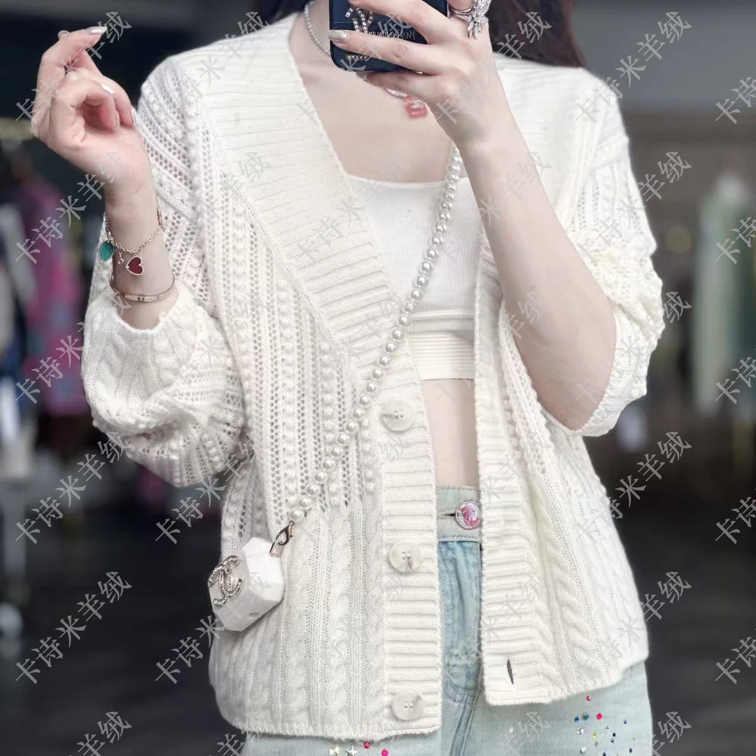 【卡诗米羊绒】23627纯色镂空开衫山羊绒100%高定轻奢女款宽松上衣