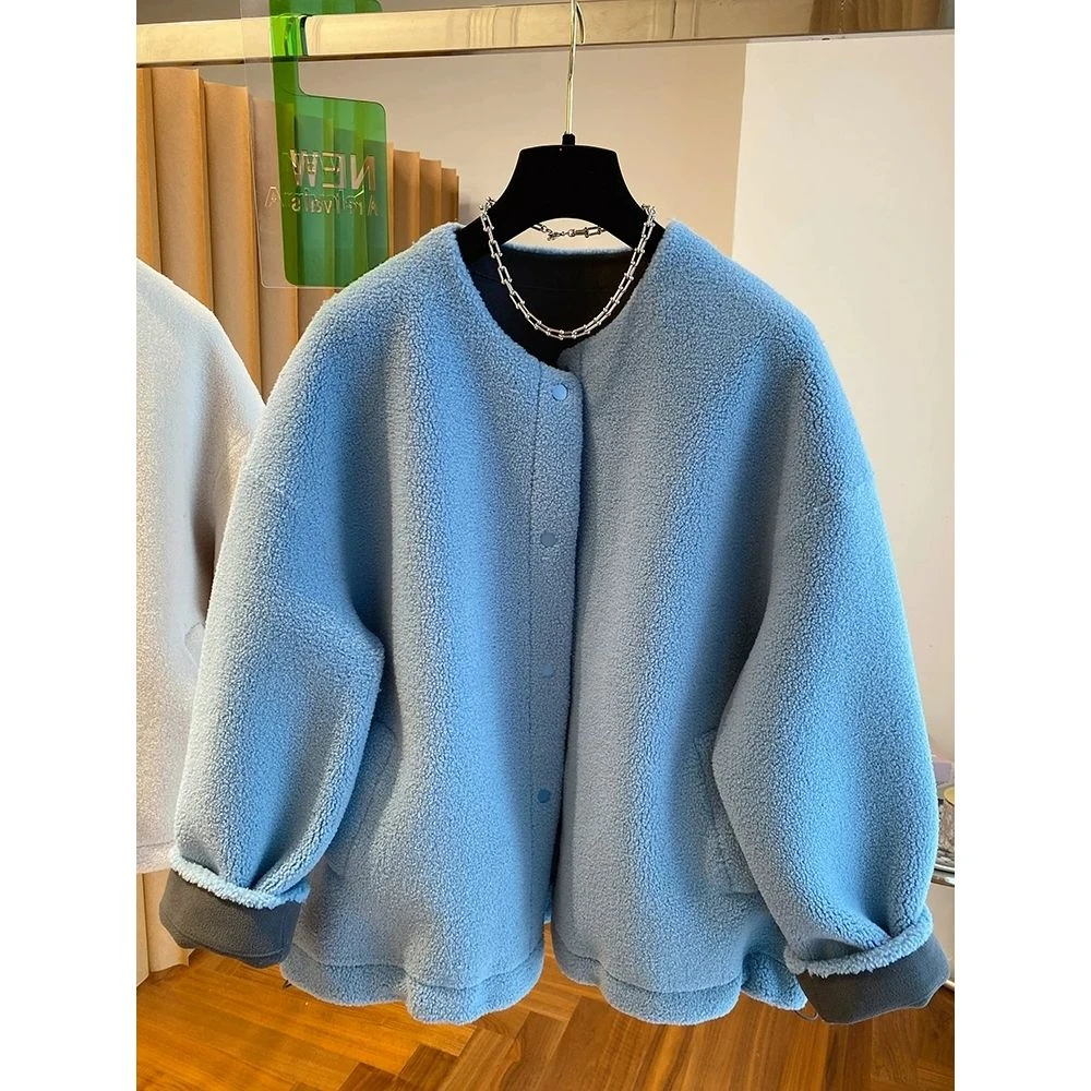 韩系蓝色羊羔毛外套女冬2024新款宽松休闲百搭加厚圆领羊羔绒上衣
