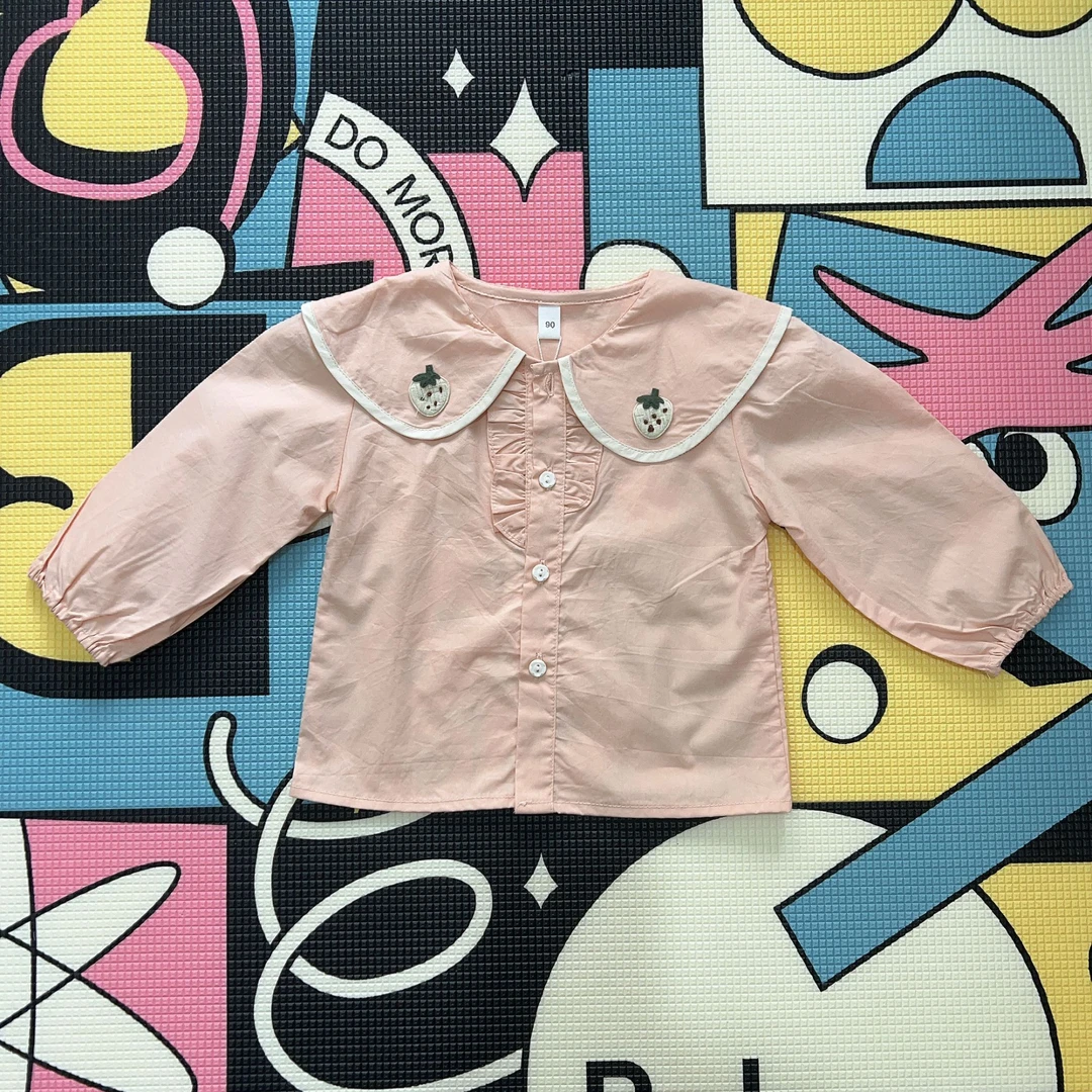 2025新款春款韩版长袖纯色洋气衬衫女童草莓翻领儿童衬衫娃娃领