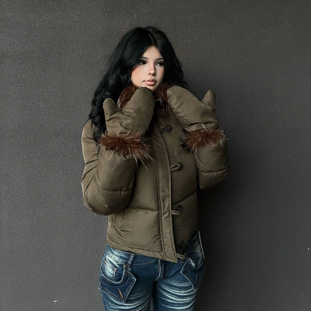 2KKBABE美式辣妹风大毛领棉服女 冬季短款宽松面包服带手套