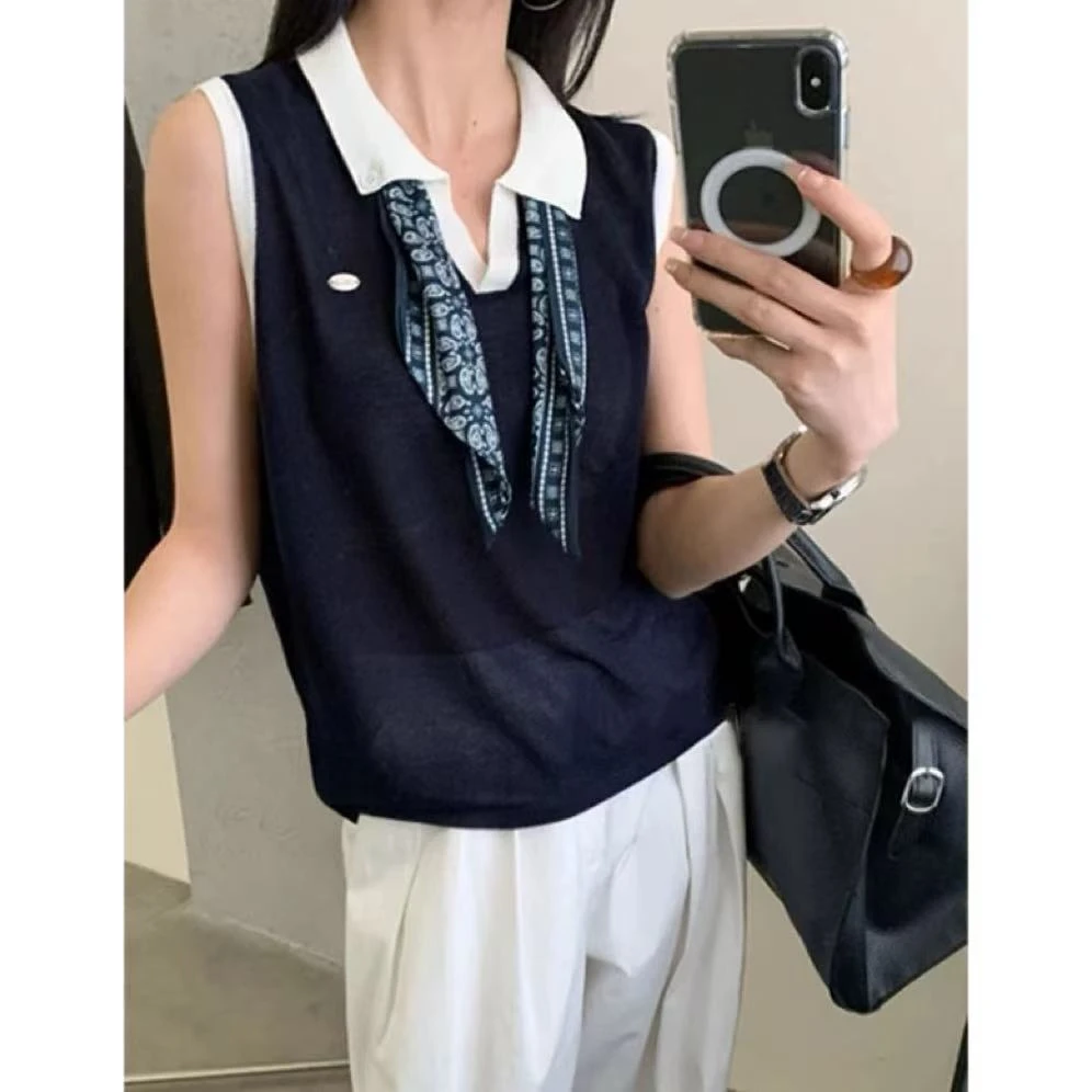 丽丽家~无袖背心藏青气质网红时尚休闲百搭夏季减龄上衣353