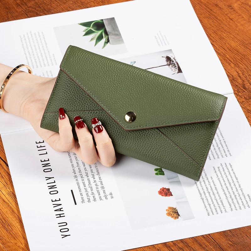 纯牛皮超薄长款翻盖钱包女百搭2025秋新款真皮多卡位大钞夹放手机