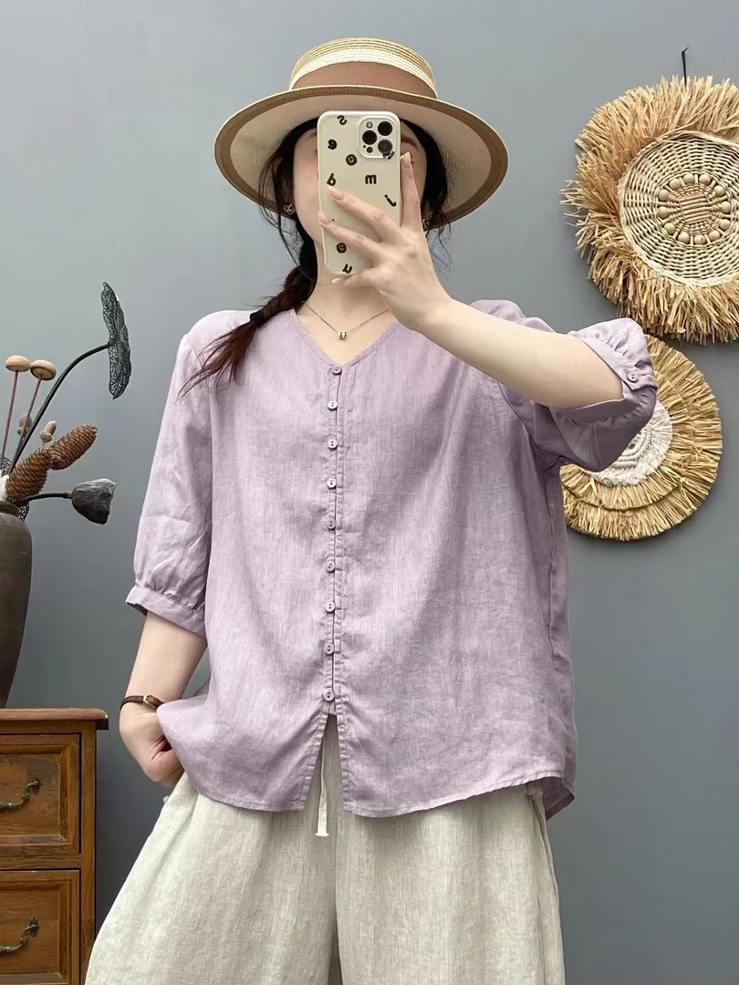 2025夏季新款V领多扣亚麻五分袖衬衫休闲百搭上衣66108