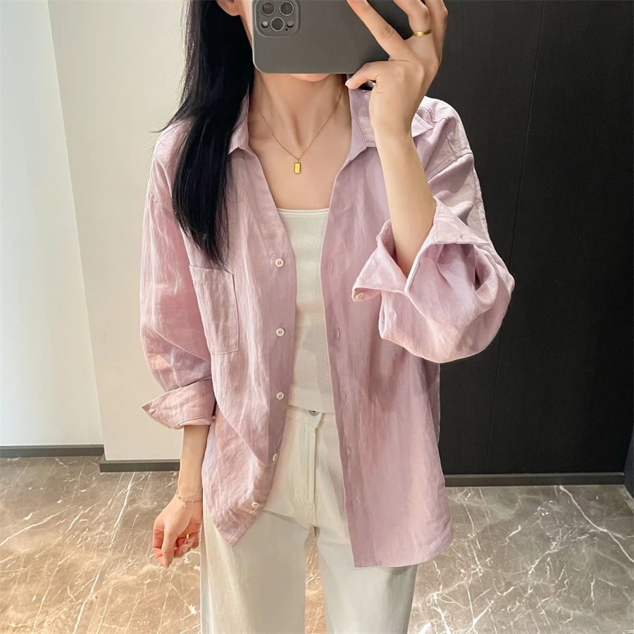 宝丫轻奢  T女式老钱风宽松V翻领长袖衬衫上衣K1746