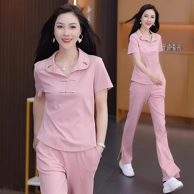 时尚休闲宽松运动服套装女2025夏季新款新中式国风盘扣短袖两件套