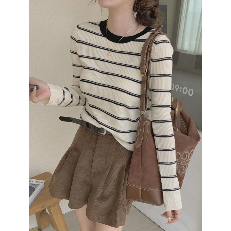 美式复古条纹长袖软糯针织打底衫女早秋洋气修身显瘦毛衣内搭上衣