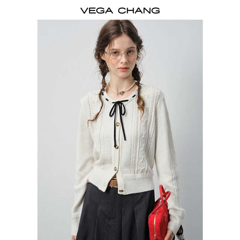 VEGACHANG【俏皮甜心】针织衫女2025新款秋季绞花短款上衣0316LW