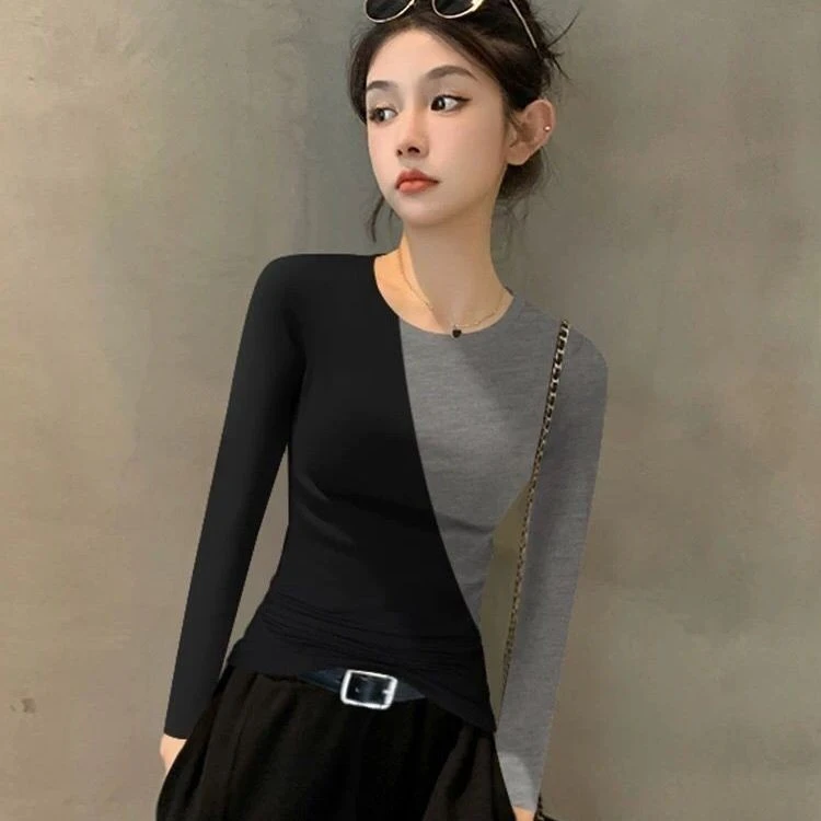 2025新款秋冬打底拼接长袖衫女内搭运动百搭小众设计感修身上衣女