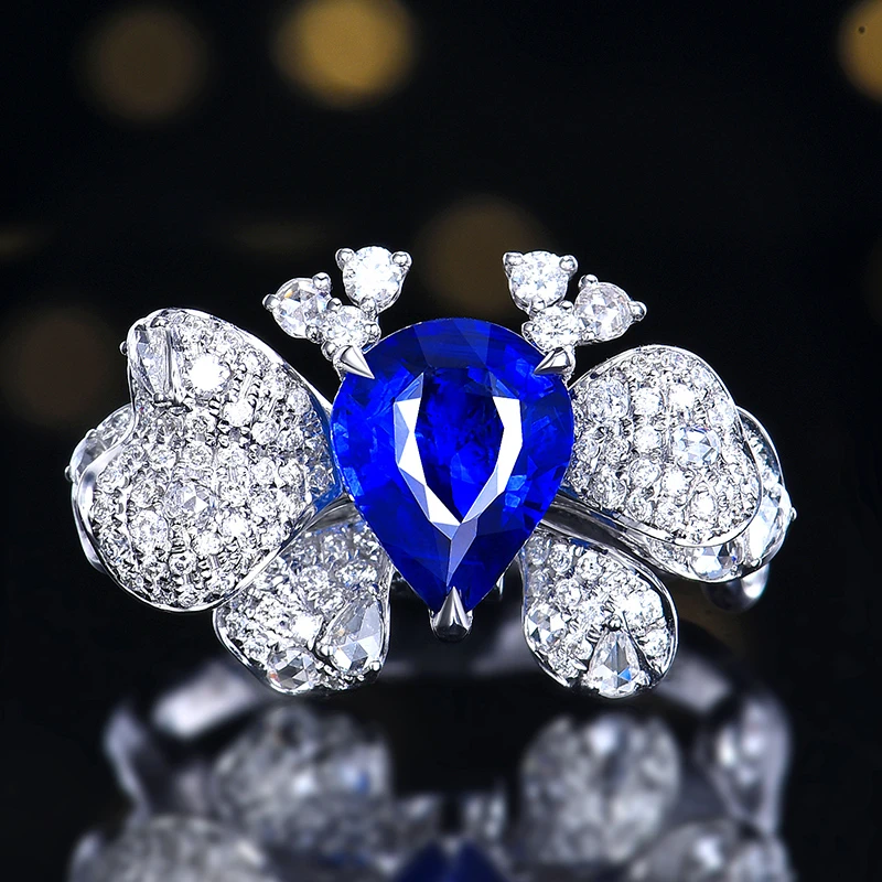 18K金天然斯里兰卡水滴形切割皇家蓝宝石戒指/吊坠（不含链）百搭