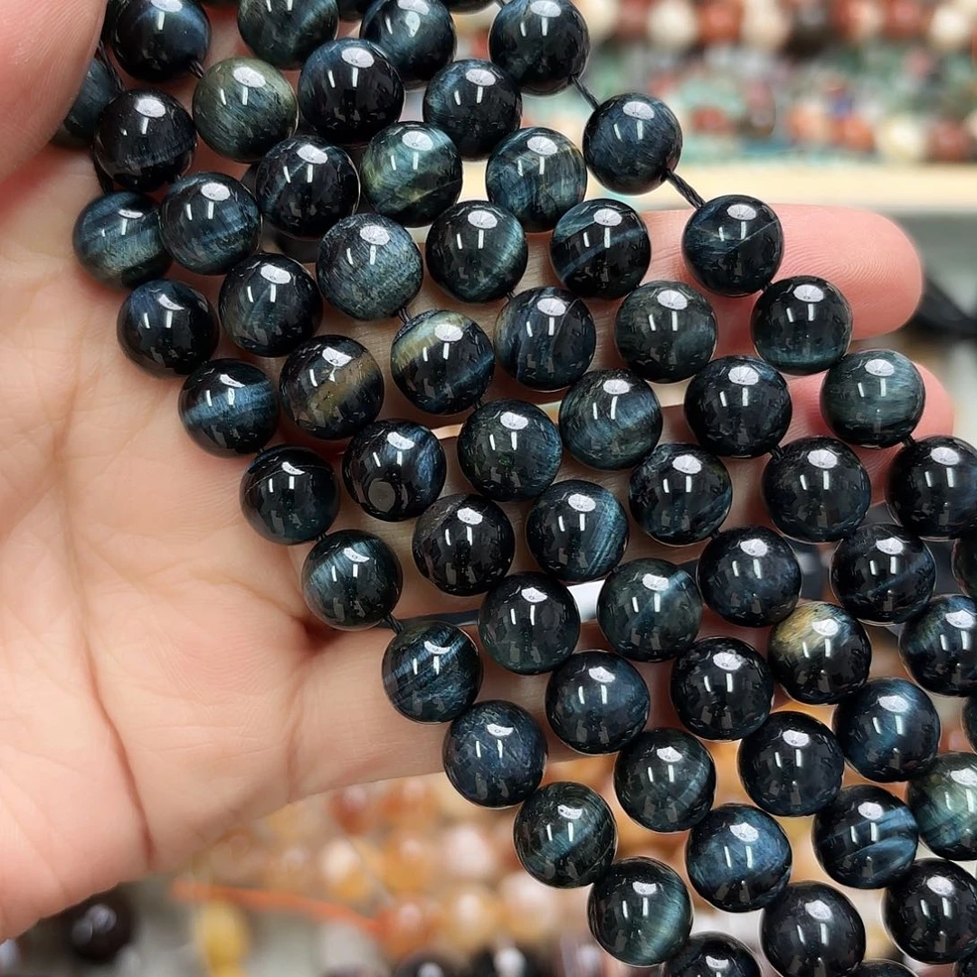 玛瑙/玉髓未镶嵌珠宝半成品卡十蓝虎眼圆珠一条