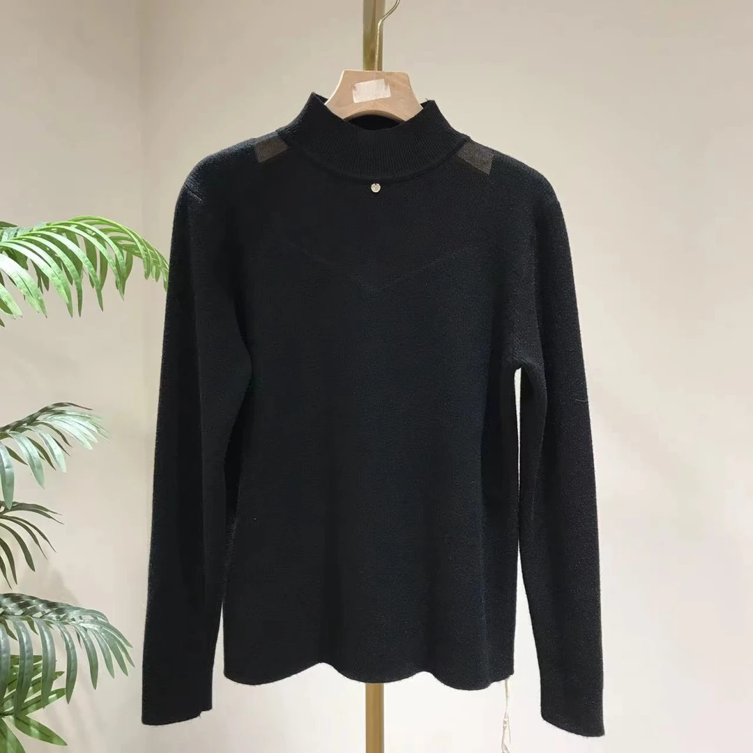 I3484黑色加绒毛针织衫女冬季新款洋气内搭网纱上衣半高领打底衫