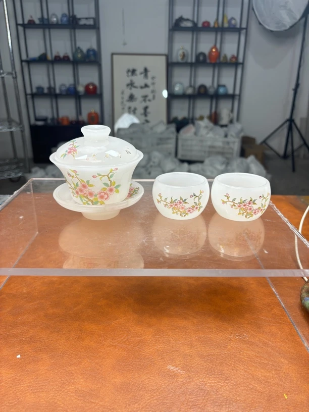 高端茶具桃花琉璃盖碗
