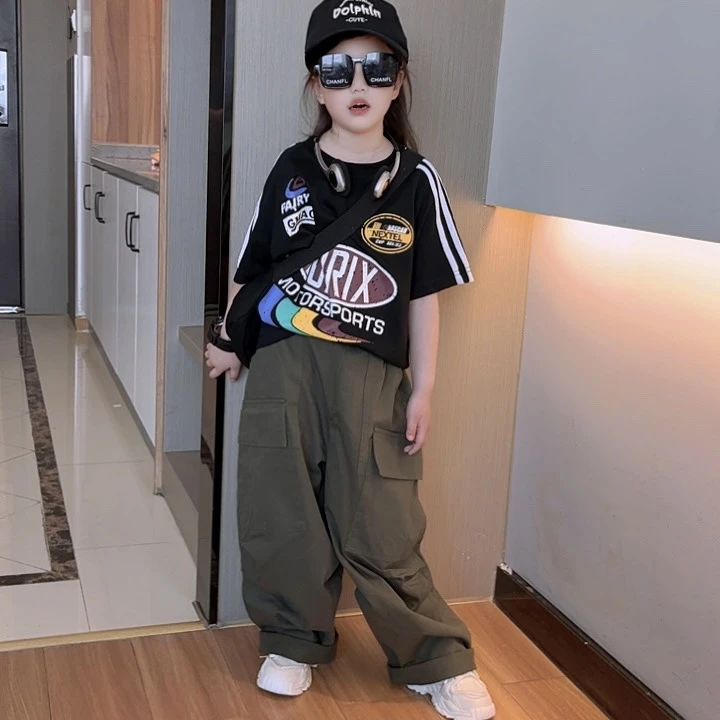 女童夏款短袖套装中大童洋气休闲字母印花宽松大T恤工装裤两件套