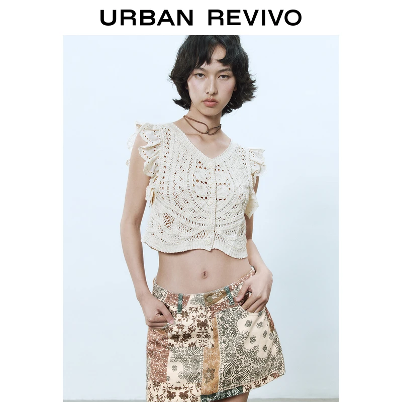 UR2025秋季新款女装编织肌理感拼接荷叶边针织开衫UYL950046