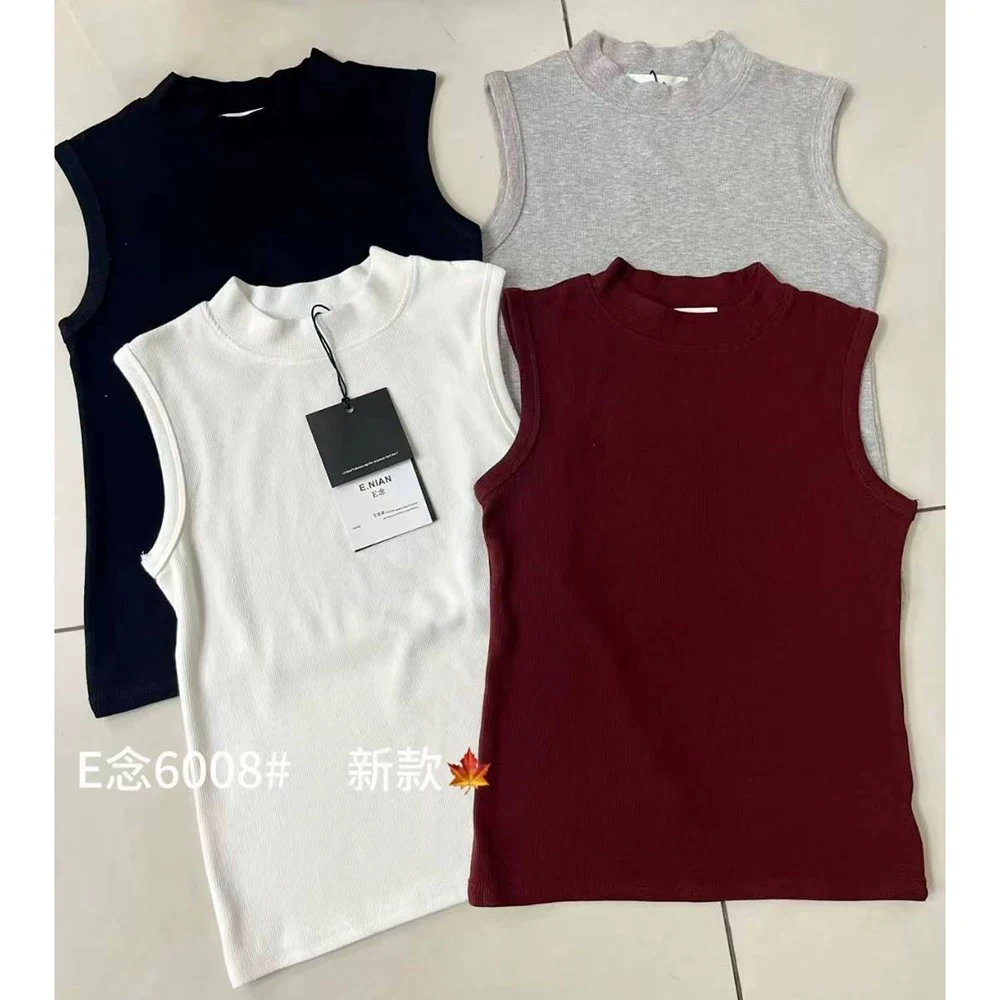 E念6008纯欲风辣妹半高领无袖背心女秋新款修身显瘦内搭外穿上衣