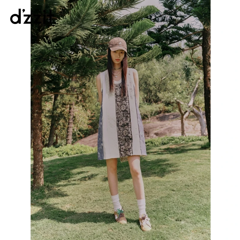 【商场同款】dzzit地素连衣裙夏季新中式拼接毛边裙女3J2O3316A
