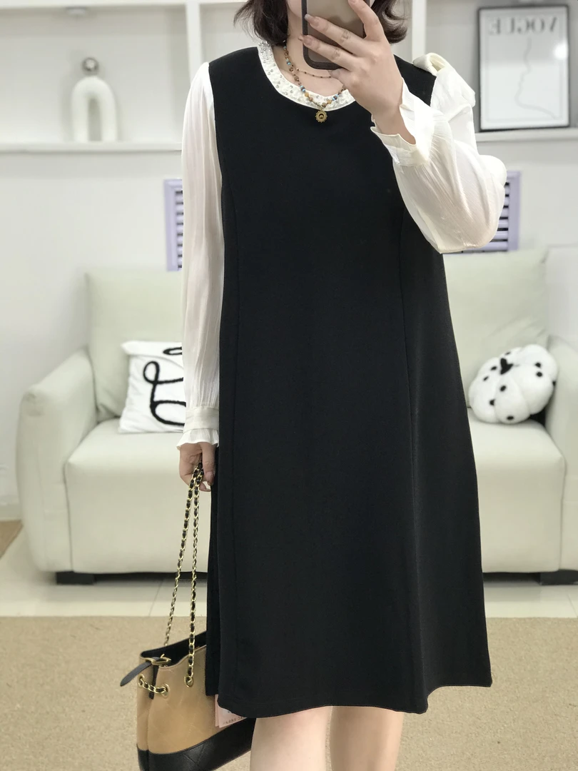 {莹莹推荐}1539冬季大码女装赫本小香风拼袖连衣裙r