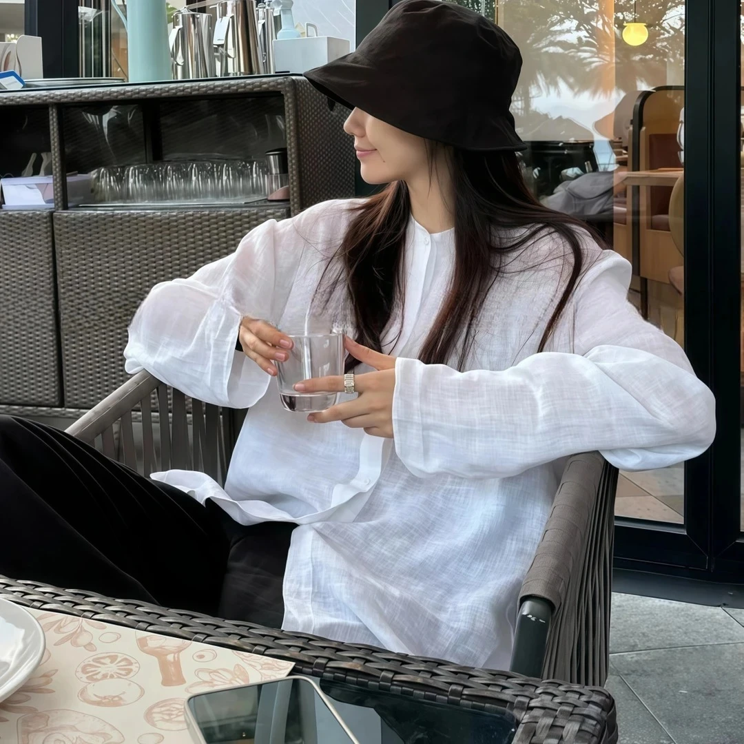薄款『现货』亚麻清冷感宽松圆领阔版衬衫遮阳极简休闲老钱透气女