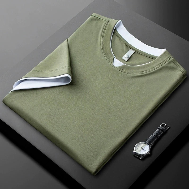 高品质绿色短袖t恤男士假两件夏季薄款冰丝圆领凉爽休闲半袖T恤衫