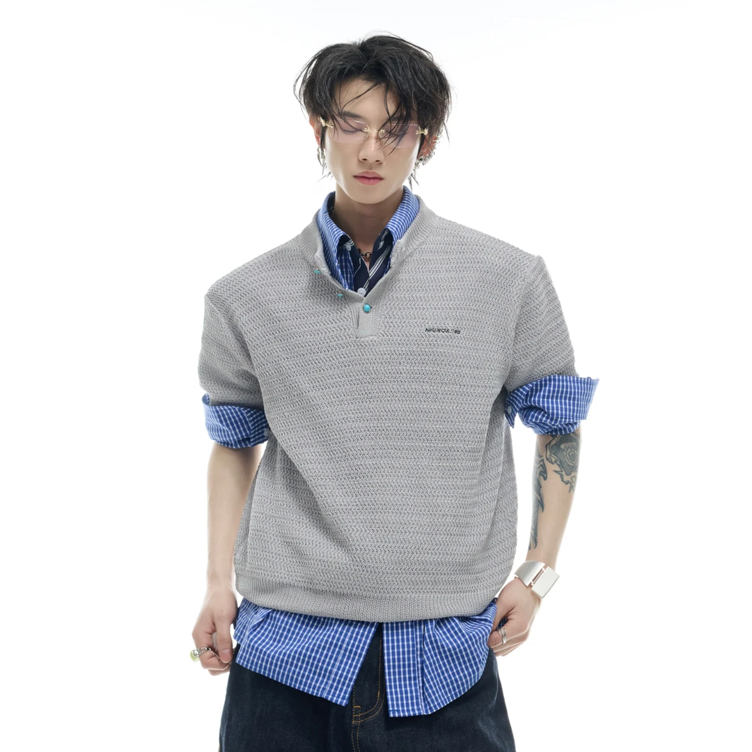 ArguE CulturE夏季小众轻薄微镂粗编肌理针织衫圆领宽松短袖T恤