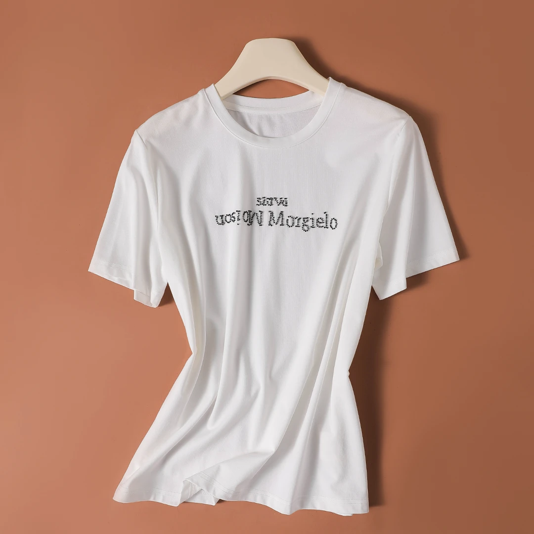 55989 简约百搭！夏季白色圆领运动女士时尚字母钉珠短袖休闲T恤