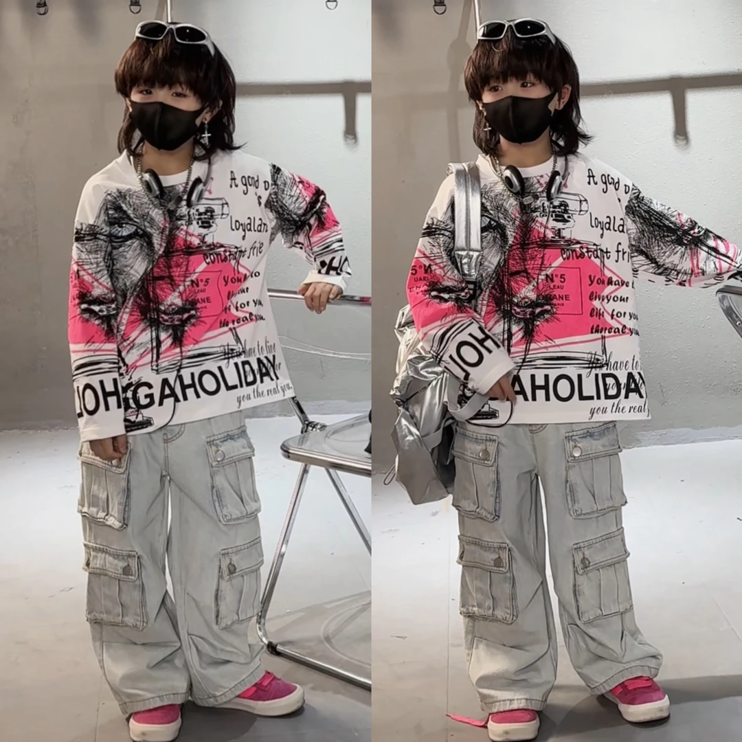 三乐乐家儿童宽松休闲风长袖T恤潮流春秋夏季圆领印花潮酷上衣