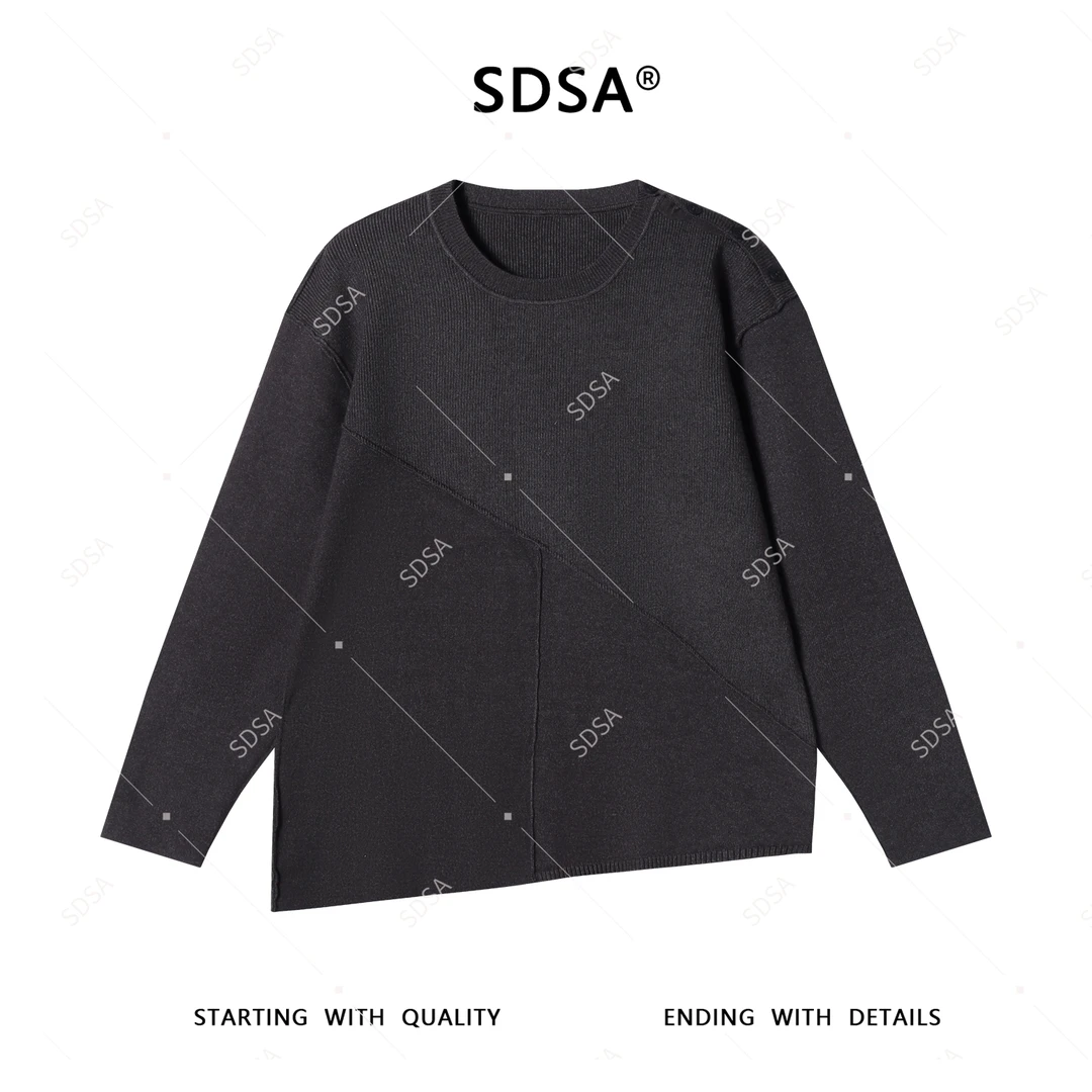 SDSA秋冬新款男士痞帅简约纽扣纯色不规则拼接圆领针织毛衣百搭