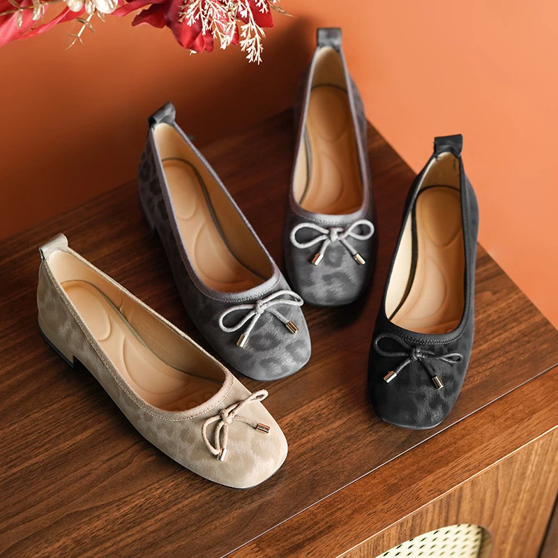 2.5cm/牛皮/粗跟小单鞋女法式优雅蝴蝶结软底软面方头浅口女鞋子