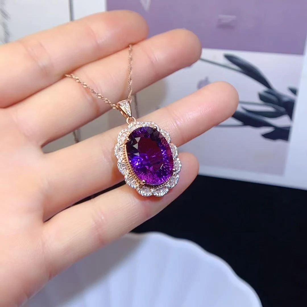 s925银镶天然紫水晶吊坠精致百搭豪华时尚轻奢气质