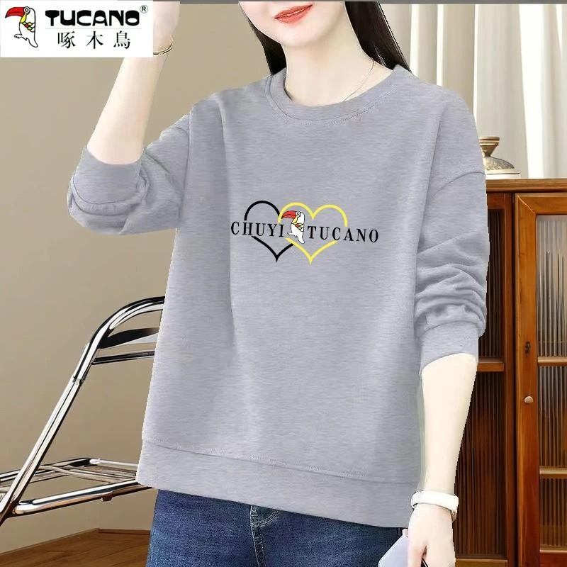 啄木鸟圆领卫衣女秋冬新款宽松大码修身显瘦韩版长袖开叉休闲上衣