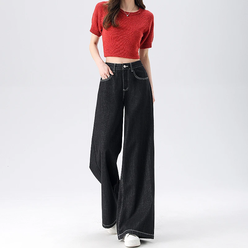 黑色明线超好看牛仔阔腿裤女士2025新款宽松慵懒风松弛感垂感裤子