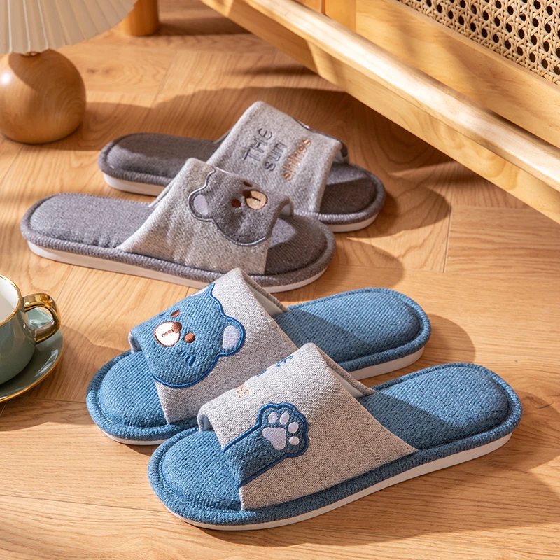 小熊亚麻居家拖鞋女防滑吸汗舒适透气室内软底地板情侣轻便拖鞋