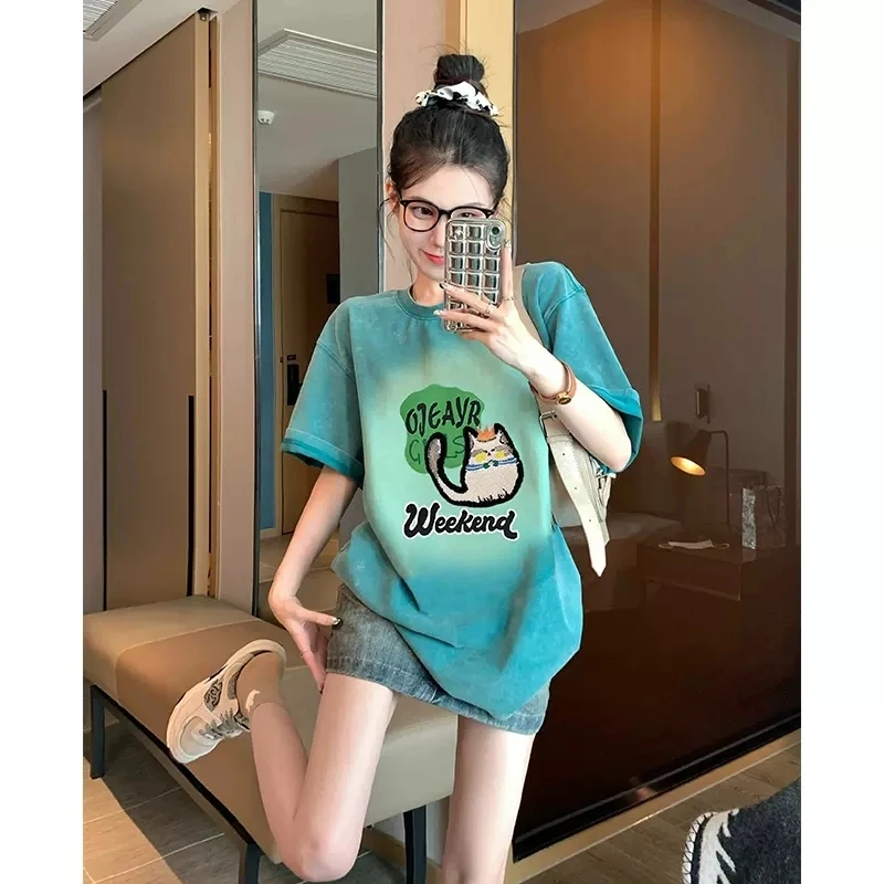 美式复古绿色短袖重磅纯棉t恤女夏季2025新款宽松百搭中长款上衣